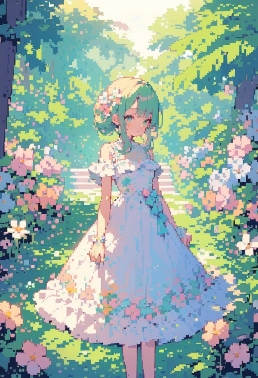 a beautiful detailed pixel art painting of a girl in a vibrant flower garden, summer afternoon light, delicate watercolor style, pastel colors, intricate details, soft focus, bright and luminous, masterpiece,