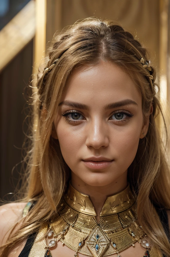 a beautiful blonde woman, beautiful golden blonde hair, detailed eyes, beautiful detailed lips, extremely detailed face, long eyelashes, in the country of Egypt, wearing a long black arab dress which goes to her feet, (best quality,4k,8k,highres,masterpiece:1.2),ultra-detailed,(realistic,photorealistic,photo-realistic:1.37),HDR,UHD,ultra-fine painting,sharp focus,physically-based rendering,extreme detail description,professional,vivid colors,bokeh,portrait, vue sur les pyramides en arrière plan, photo prise par un photographe, le cheveux porter par le vent, le dos sur un mur