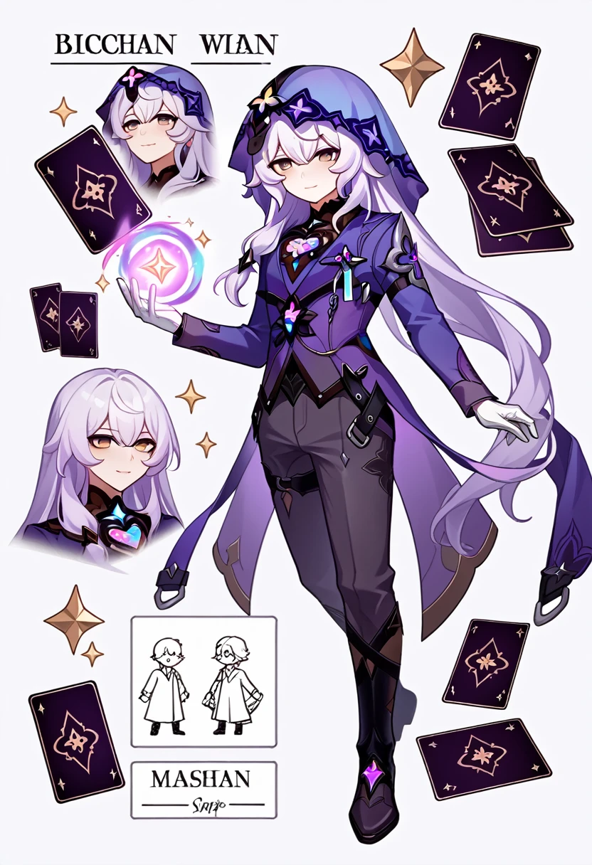 score_9, score_8_up, score_7_up source_cartoon, 1 boy, young boy, sexy boy, femboy, magic, magician, magic cards, cartoon effects, magic effects, league of legends art style, Black_Swan_\(Honkai:_Star_Rail_\), character sheet.