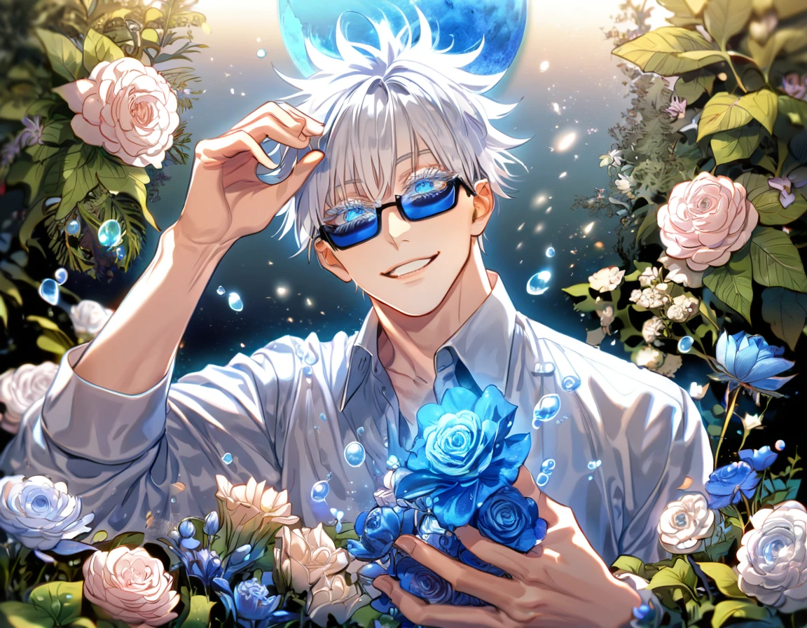 absurdres, highres, ultra detailed, HDR, master piece, Gojou Satoru, white hair with bangs, expressive blue eyes, white eyelashes, light blue dress shirt, black rectangular sunglasses, Jujutsu Kaisen, sexy man, handsome, best quality, blue moon, flowers, fantasy, magical, solo, water, blue shining fireflies, blue petals, handsome smile