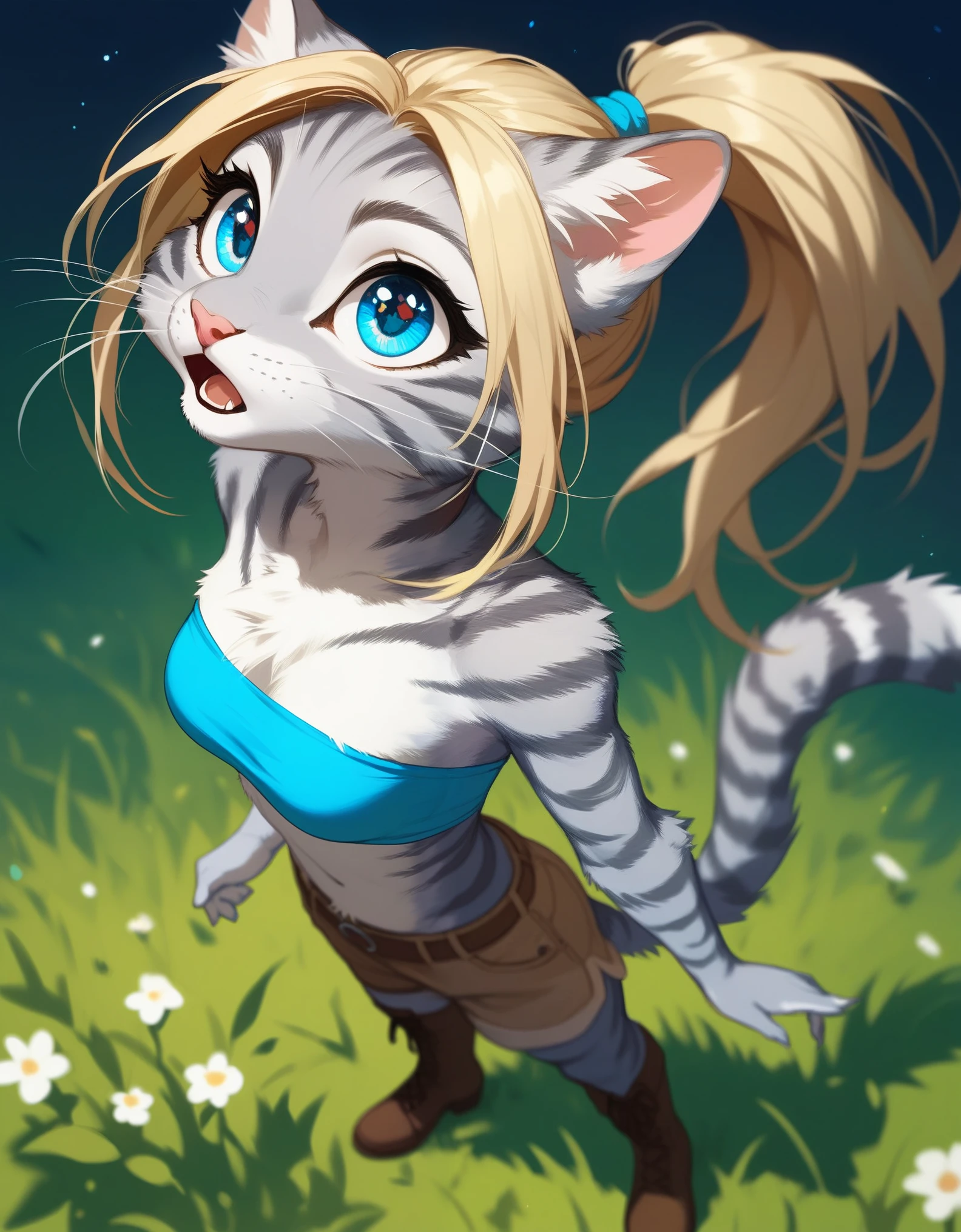 Solo, score_9,score_8_up,score_7_up, source_furry, kat, Anthro furry feline, big blue sparkling eyes, blonde hair, (ponytail hair), pink nose, :3, white whiskers, silver fur with grey stripes, furry body, wearing blue bandeau, brown short shorts, brown boots, standing, from above, amazed expression, looking up at the sky, on a grassy field, night time, mouth open, :o, curious expression, standing in a neutral position