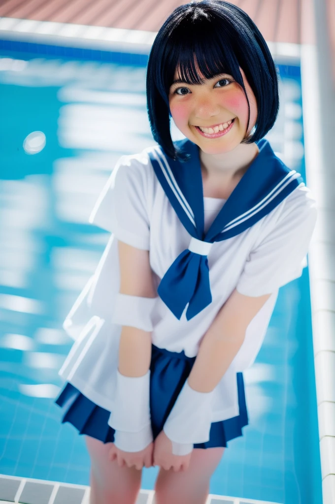 8k, japanese, High School girl,1 person, age 16, Sailor Mercury, A cosplay that is heavy wet and heavy transparent,Wet blue short hair, Wet arms,Wet legs,Wet Face, pose, Highest quality, wet poolside, smile
