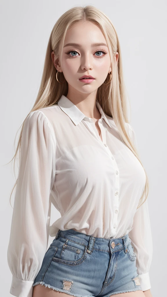 (((blouse、Shorts、White background、Cowboy Shot、forehead)))、forehead、Northern Europe、Russia、beautiful girl、Platinum Blonde Hair、Straight long hair、Big blue eyes、Northern Europeの若者、Glowing Skin、Young and beautiful skin、A perfect and beautiful little face、Bright makeup、Pale pink lips、Bright expression、lipstick、Golden Hour Lighting、Movie Light、Intricate details、High resolution、 Detailed features of the face design、Big Breasts