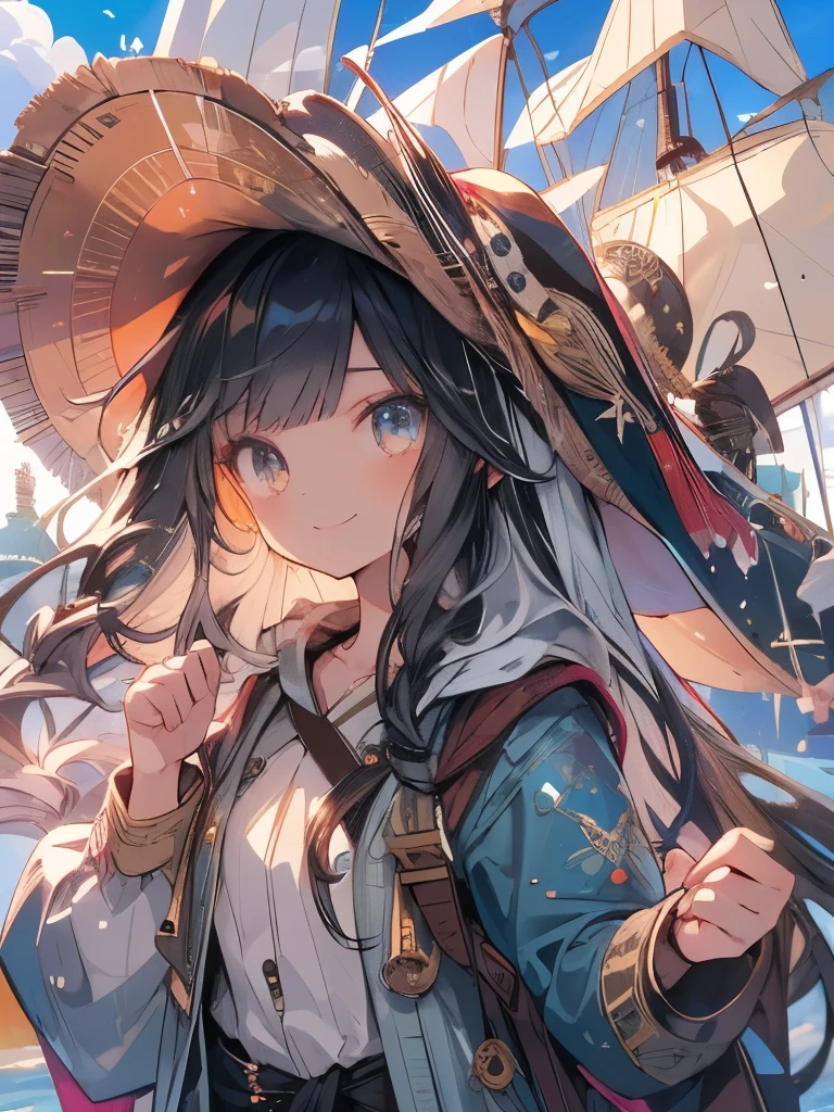 masterpiece、girl、Black Hair、Sparkling eyes、smile、Ocean賊の服、(((Wear a tricorn hat)))、Treasure Chest、gem、Serious face、Ocean、On the boat、Upper Body