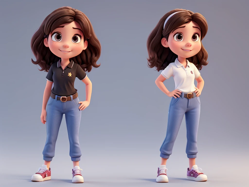 young woman in 3D Disney Pixar style, full body, with polo shirt, pants, sneakers, dark hair, dark brown eyes, from the front, smiling, friendly, high quality, highly sharp, white background, white image background