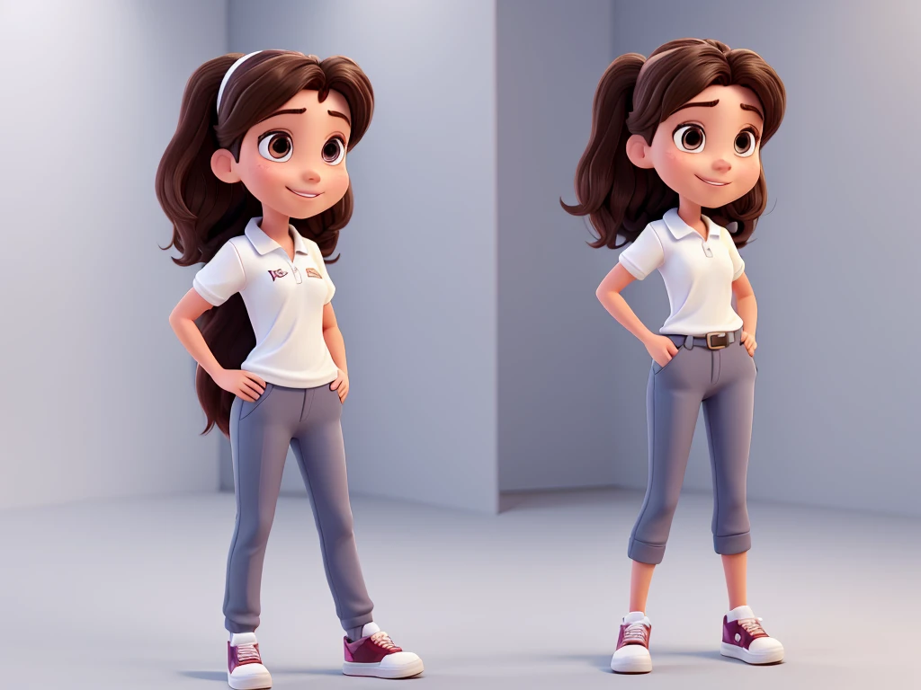 young woman in 3D Disney Pixar style, full body, with polo shirt, pants, sneakers, dark hair, dark brown eyes, from the front, smiling, friendly, high quality, highly sharp, white background, white image background