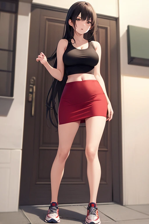 ((best quality)), ((masterpiece)), (detailed), 1girl, red tank top, black midi pencil skirt, midriff, woman, full body, long hair, sneakers