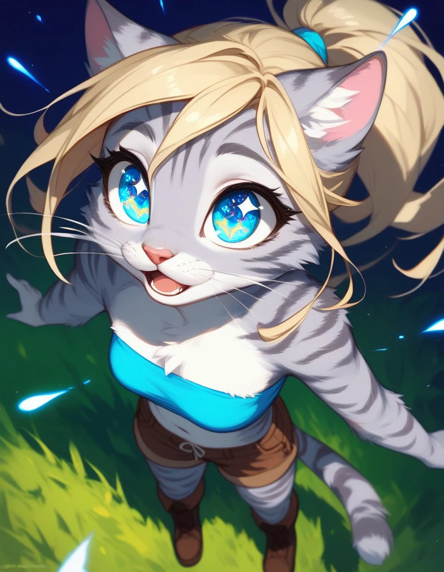Solo, score_9,score_8_up,score_7_up, source_furry, kat, Anthro furry feline, big blue sparkling eyes, colorful sparks in her eyes, shimmering eyes, blonde hair, (ponytail hair), pink nose, :3, white whiskers, silver fur with grey stripes, furry body, wearing blue bandeau, brown short shorts, brown boots,  standing, from above, amazed expression, looking up at the sky, on a grassy field, night time,  mouth open, :o, curious expression, standing in a neutral position