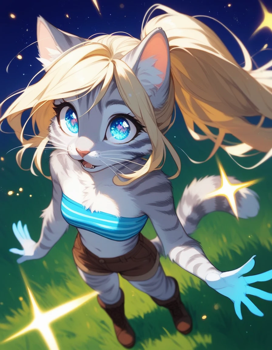 Solo, score_9,score_8_up,score_7_up, source_furry, kat, Anthro furry feline, big blue sparkling eyes, colorful sparks in her eyes, shimmering eyes, blonde hair, (ponytail hair), pink nose, :3, white whiskers, silver fur with grey stripes, furry body, wearing blue bandeau, brown short shorts, brown boots, standing, from above, amazed expression, looking up at the sky, on a grassy field, night time, mouth open, :o, curious expression, standing in a neutral position