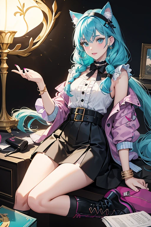 Kat has a medium skin tone and multicolored hair consisting of the colors black, lavender, and cyan. She wears her hair in two large bubble braids with rounded bangs and two strands. The hair color on the doll differs from the art, as there is no lavender hair present in her braids. Kat's eyes are hazel brown, with sharp lavender eyeshadow lined in a darker color, her nails painted with the same shade. Kat's lips are hot pink, and she has a few freckles placed on her pink blushy cheeks.


Kat wears a black denim two-piece outfit; a pair of shorts with gold stitching and a top decorated with two gold buckles and a button. She has a cyan tutu skirt attatched to a black belt with gold detailing. Underneath she wears a lavender t-shirt with a small bow in front, her knee-lenth socks are the same color. She comes with two pairs of shoes; a pair of black platform sneakers with gold detailing, and a pair of boots ending just under the frills of her socks, they are open at the front with several molded-on bets in front. The left boot (from Kat's prespective) is light blue, while the right is Cyan like her hair, the sleeveless jacket she wears has the same color scheme, but mirrored.


To complete the masquerade outfit, Kat comes with a cyan cat ear headband finished off with spikes painted gold, a sharp cat-eyed cyan mask with a functional clip attatched with an elastic, two bracelets, a single golden safety pin earring, and a black bag with a cat's face on it. She also has a few accessory items that are not part of her outfit, that being a bottle of nail polish, makeup pallete, makeup brush, gold disco ball with cat ears on a stand, plus a hairbrush, doll stand, and notebook. SPARKLE; GLITTER