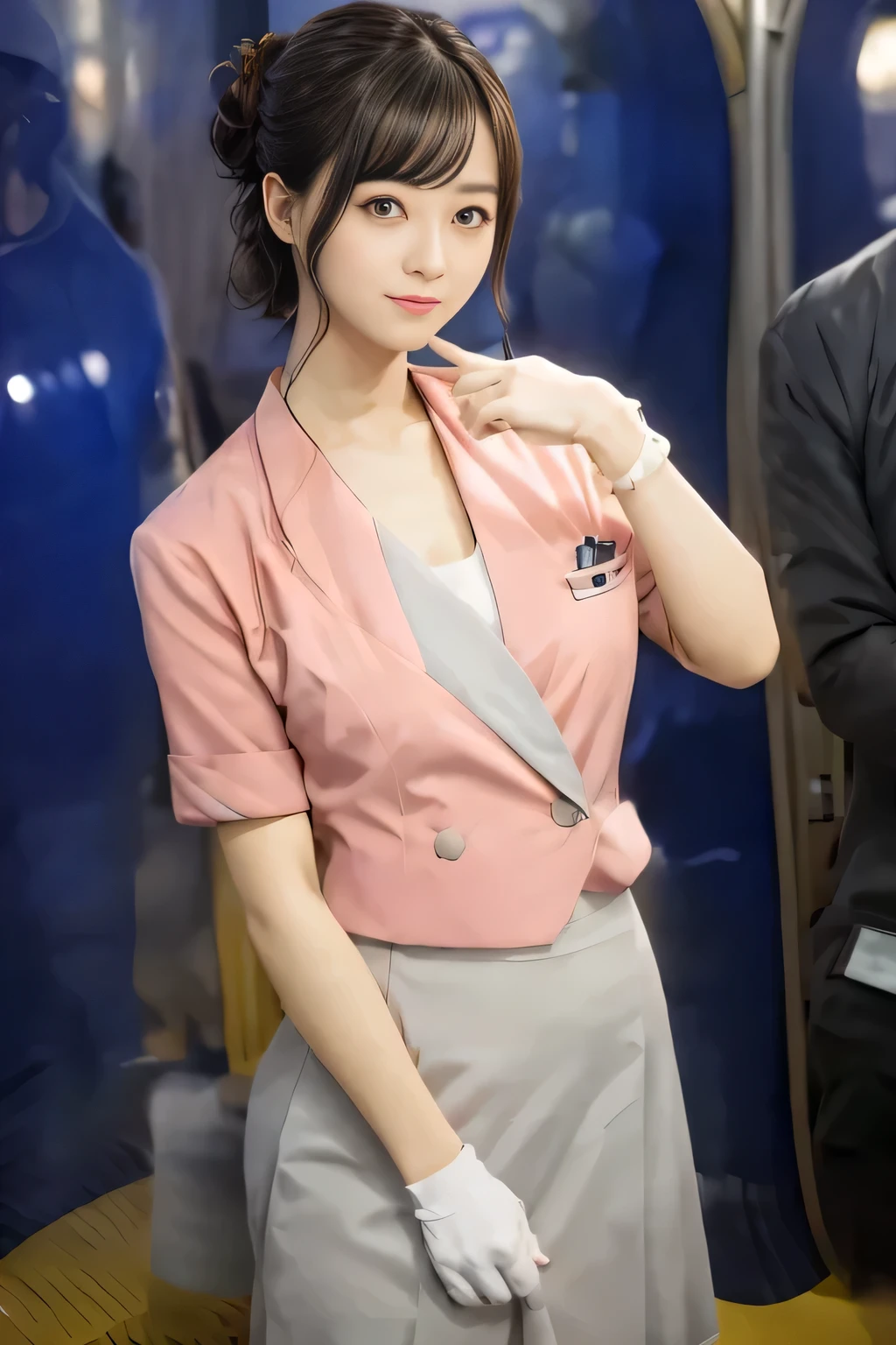(masterpiece:1.2, Highest quality:1.2), 32k HDR, High resolution, (alone、1 Girl)、 (height: 160cm)、(On the roof of a building in the daytime、Professional Lighting)、Building rooftop background、(Nankai train crew uniform pinkを着たリアルスタイル)、(Nankai Railway crew uniform, pink, short sleeve, collarless, pink jacket、Nankai Railway crew uniform pink no-collar short-sleeve blouse、Nankai Railway crew uniform, pink grey, knee-length culottes)、(A pink jacket peeks out from under the culottes.)、Dark brown hair、(Hair tied up、Hair tied up、Evening curly hairstyles)、Dark brown hair、Long Shot、Big Breasts、Thin legs、((Great hands:2.0)),((Harmonious body proportions:1.5)),((Normal limbs:2.0)),((Normal finger:2.0)),((Delicate eyes:2.0)),((Normal eyes:2.0)))、smile、(Nankai Railway crew uniform, pink grey, knee-length culottesを見せた美しい歩く姿)、Place your hands around your stomach、Strap Employee ID Card