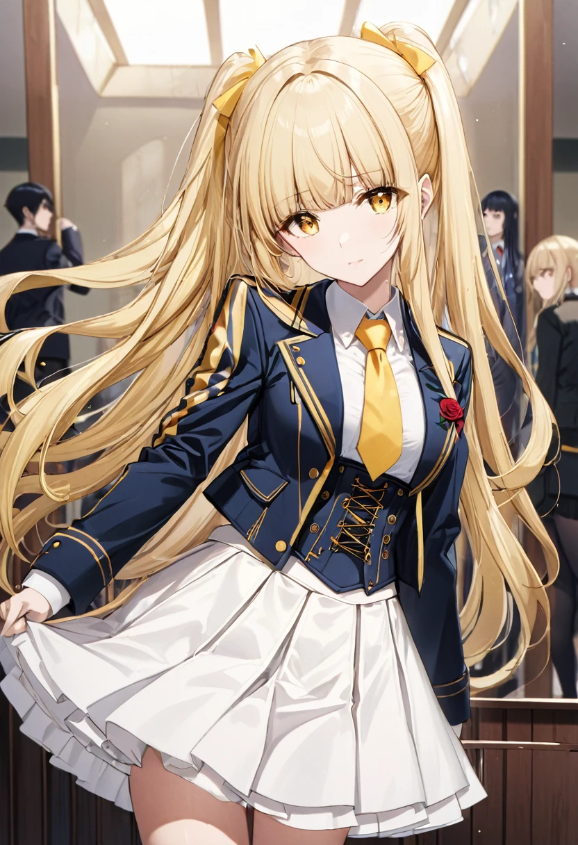 oriana rose, long hair, blonde hair, yellow eyes, drill hair, bangs, blunt bangs, skirt, jacket, necktie, white skirt, corset,
