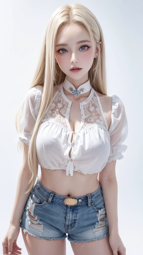 (((blouse、Shorts、White background、Cowboy Shot、forehead)))、forehead、Northern Europe、Russia、beautiful girl、Platinum Blonde Hair、Straight long hair、Big blue eyes、Northern Europeの若者、Glowing Skin、Young and beautiful skin、A perfect and beautiful little face、Bright makeup、Pale pink lips、Bright expression、lipstick、Golden Hour Lighting、Movie Light、Intricate details、High resolution、 Detailed features of the face design、Big Breasts