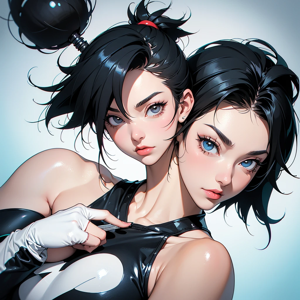 woman similar to gorillaz noodle, black short hair ((drawing)), ((anime girl nose)) , Create a perfect, detailed illustration of a lightly muscular woman with an athletic build. She has short black hair styled in a mohawk and wears a tight blue leotard with white three-stripe details, highlighting her physique. She also has spikeless gloves on both hands. The character is confident, with his head slightly tilted and a serious expression. The background should be minimalist with light, abstract graffiti-like patterns. Use clean lines and soft shading to emphasize the character's three-dimensional appearance and detailed anatomy.