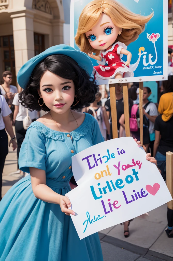 create a doll, Disney style, holding a sign saying "Art is Life!"