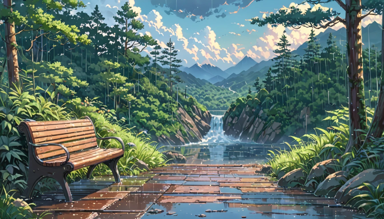 ((Anime: 1.4, Illustration)), (Masterpiece, Top Quality, Best Quality), (Ultra-Detailed, Absolutely Resolution), ((16k, HIGH RES)) (Rain, Forest, Bench, Sky After Rain), ( Anime: 1.4, Illustration)), (Masterpiece, Top Quality, Best Quality), (Ultra-Detailed, Absolutely Resolution). Ak {Lofi Art, Style of Laurie Greasley, Style of Makoto Shinkai, Anime Aesthetic}, BREAK {(Produces IMAGES WITH ITH INFORMATION THAN 40 Million Pixels with Cinematic-Like Detailed Textures S Hot on a Sony slur).}