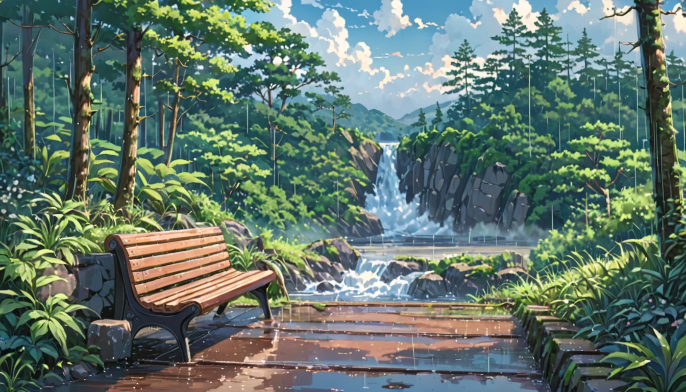 ((Anime: 1.4, Illustration)), (Masterpiece, Top Quality, Best Quality), (Ultra-Detailed, Absolutely Resolution), ((16k, HIGH RES)) (Rain, Forest, Bench, Sky After Rain), ( Anime: 1.4, Illustration)), (Masterpiece, Top Quality, Best Quality), (Ultra-Detailed, Absolutely Resolution). Ak {Lofi Art, Style of Laurie Greasley, Style of Makoto Shinkai, Anime Aesthetic}, BREAK {(Produces IMAGES WITH ITH INFORMATION THAN 40 Million Pixels with Cinematic-Like Detailed Textures S Hot on a Sony slur).}