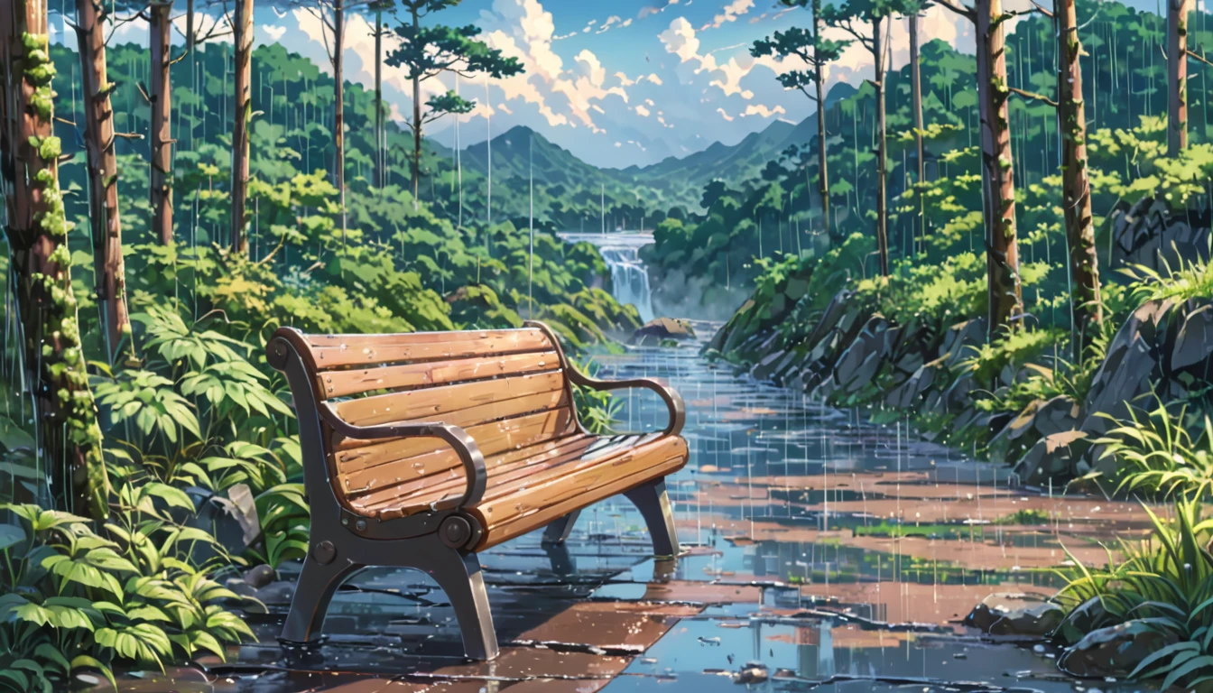 ((Anime: 1.4, Illustration)), (Masterpiece, Top Quality, Best Quality), (Ultra-Detailed, Absolutely Resolution), ((16k, HIGH RES)) (Rain, Forest, Bench, Sky After Rain), ( Anime: 1.4, Illustration)), (Masterpiece, Top Quality, Best Quality), (Ultra-Detailed, Absolutely Resolution). Ak {Lofi Art, Style of Laurie Greasley, Style of Makoto Shinkai, Anime Aesthetic}, BREAK {(Produces IMAGES WITH ITH INFORMATION THAN 40 Million Pixels with Cinematic-Like Detailed Textures S Hot on a Sony slur).}