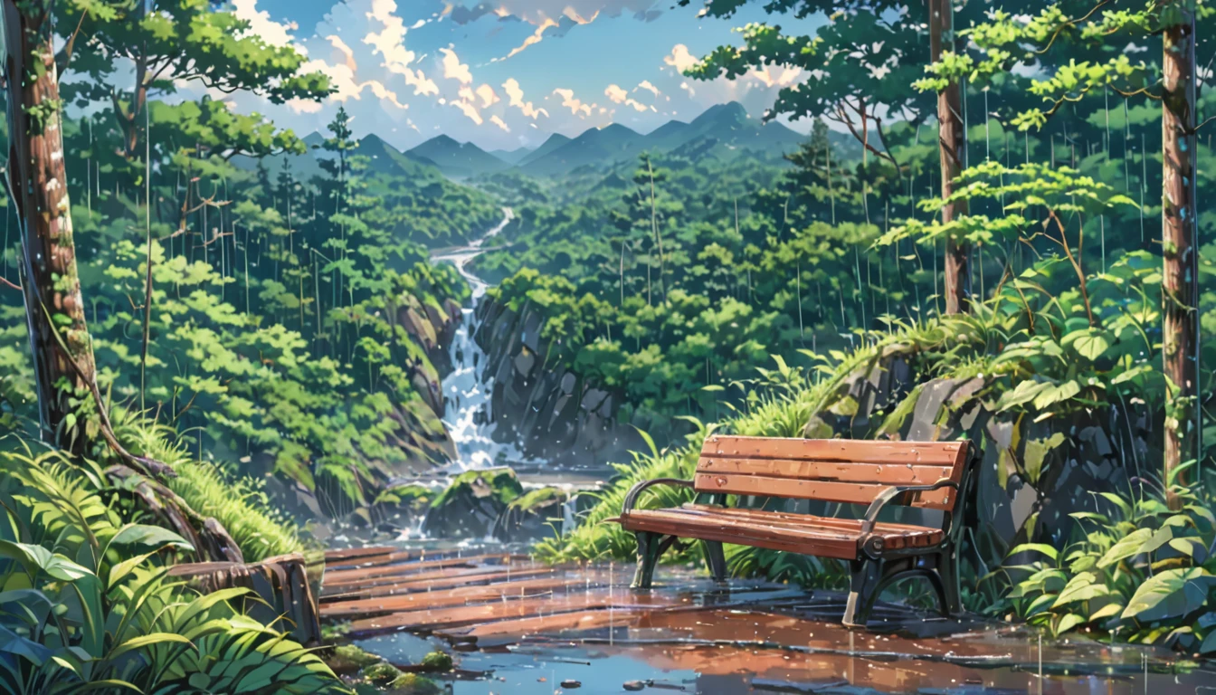 ((Anime: 1.4, Illustration)), (Masterpiece, Top Quality, Best Quality), (Ultra-Detailed, Absolutely Resolution), ((16k, HIGH RES)) (Rain, Forest, Bench, Sky After Rain), ( Anime: 1.4, Illustration)), (Masterpiece, Top Quality, Best Quality), (Ultra-Detailed, Absolutely Resolution). Ak {Lofi Art, Style of Laurie Greasley, Style of Makoto Shinkai, Anime Aesthetic}, BREAK {(Produces IMAGES WITH ITH INFORMATION THAN 40 Million Pixels with Cinematic-Like Detailed Textures S Hot on a Sony slur).}