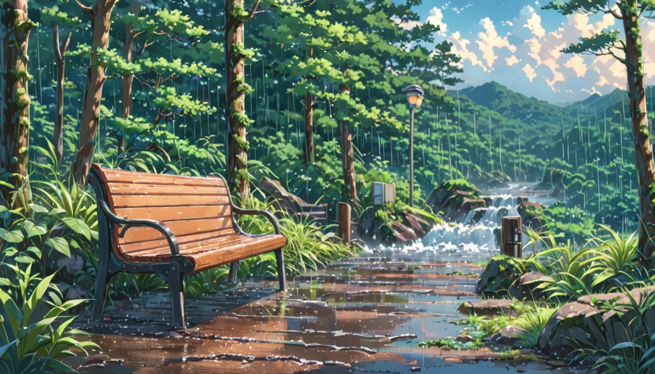 ((Anime: 1.4, Illustration)), (Masterpiece, Top Quality, Best Quality), (Ultra-Detailed, Absolutely Resolution), ((16k, HIGH RES)) (Rain, Forest, Bench, Sky After Rain), ( Anime: 1.4, Illustration)), (Masterpiece, Top Quality, Best Quality), (Ultra-Detailed, Absolutely Resolution). Ak {Lofi Art, Style of Laurie Greasley, Style of Makoto Shinkai, Anime Aesthetic}, BREAK {(Produces IMAGES WITH ITH INFORMATION THAN 40 Million Pixels with Cinematic-Like Detailed Textures S Hot on a Sony slur).}
