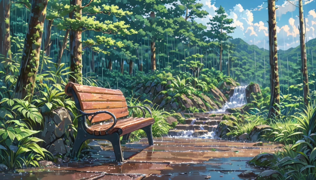 ((Anime: 1.4, Illustration)), (Masterpiece, Top Quality, Best Quality), (Ultra-Detailed, Absolutely Resolution), ((16k, HIGH RES)) (Rain, Forest, Bench, Sky After Rain), ( Anime: 1.4, Illustration)), (Masterpiece, Top Quality, Best Quality), (Ultra-Detailed, Absolutely Resolution). Ak {Lofi Art, Style of Laurie Greasley, Style of Makoto Shinkai, Anime Aesthetic}, BREAK {(Produces IMAGES WITH ITH INFORMATION THAN 40 Million Pixels with Cinematic-Like Detailed Textures S Hot on a Sony slur).}