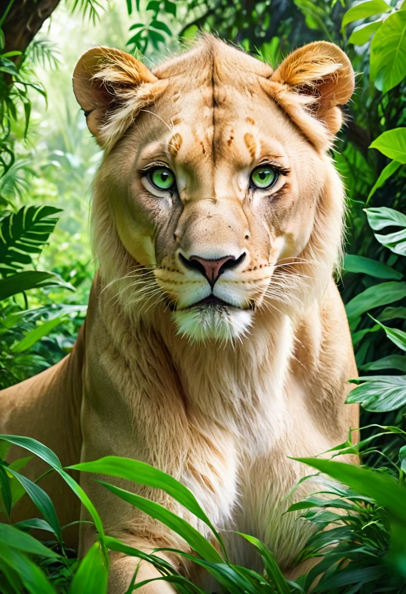 A lioness with blonde hair and green eyes in a beautiful green jungle