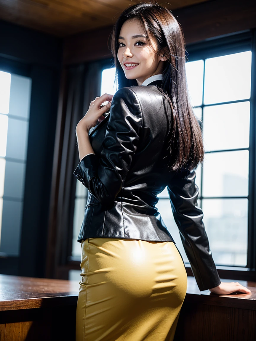(tabletop:1.3), (8K, photorrealistic, CRU photo, best qualityer: 1.4), Japanese, (1 girl in), beautiful  face, (lifelike face), (Bblack hair), beautiful hairstyle, realisticeyes, beautiful detailed eyes, (realisic skin), beautiful fur, appealing, 超High resolution, A hyper-realistic, highy detailed, golden ratio, (whole body:1.37), (Woman in pencil skirt and jacket with attention to detail:1.4), (secretary), Professional attire, high-heels, (happy grin:1.3), (long, straight hair with fluid shine,,,,,,,,,,,,:1.3), break, (Huge breasted, big-ass:1.3), scenario, (Beautiful sunrise background:1.2), from behind, Setbacks, arched back, (arms behind the back), beautiful detailed eyes, gazing at viewer, from low, (no-makeup), (cute), Photon mapping, (professional lighting), fine-details, (Children&#39;s panties) ), (slit in skirt:1.1),