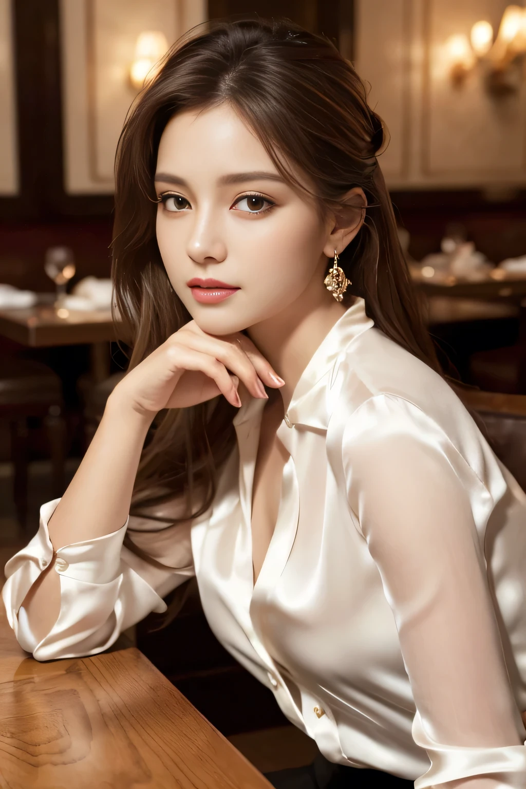 masterpiece, Highest quality, Realistic, Very detailed, Finer details, High resolution, 8k wallpaper, One beautiful woman, Wear an elegant white silk shirt, In a great restaurant, At night, Light brown messy hair, Perfect dynamic composition, Beautiful and beautiful eyes、Big earrings、Sit on a chair、