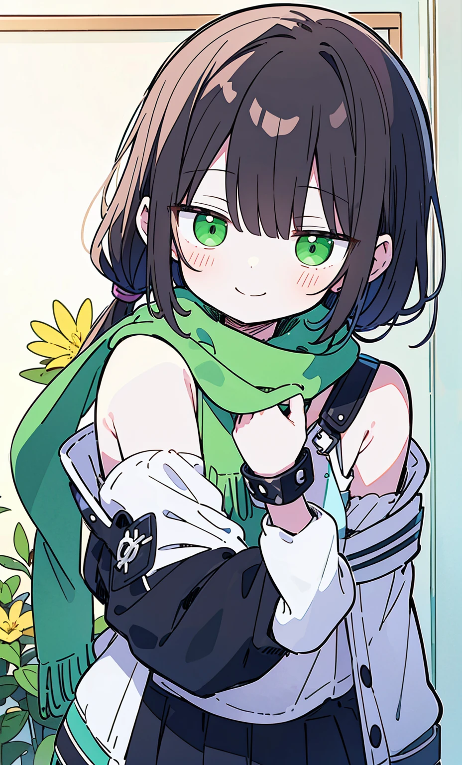 white skin, short man, green eyes, masterpiece, punk jacket, white shirt,, open shoulders, Open sleeve, light smile, flower, quiet, restrained, (concept art),(Brown side ponytail),(scarf)