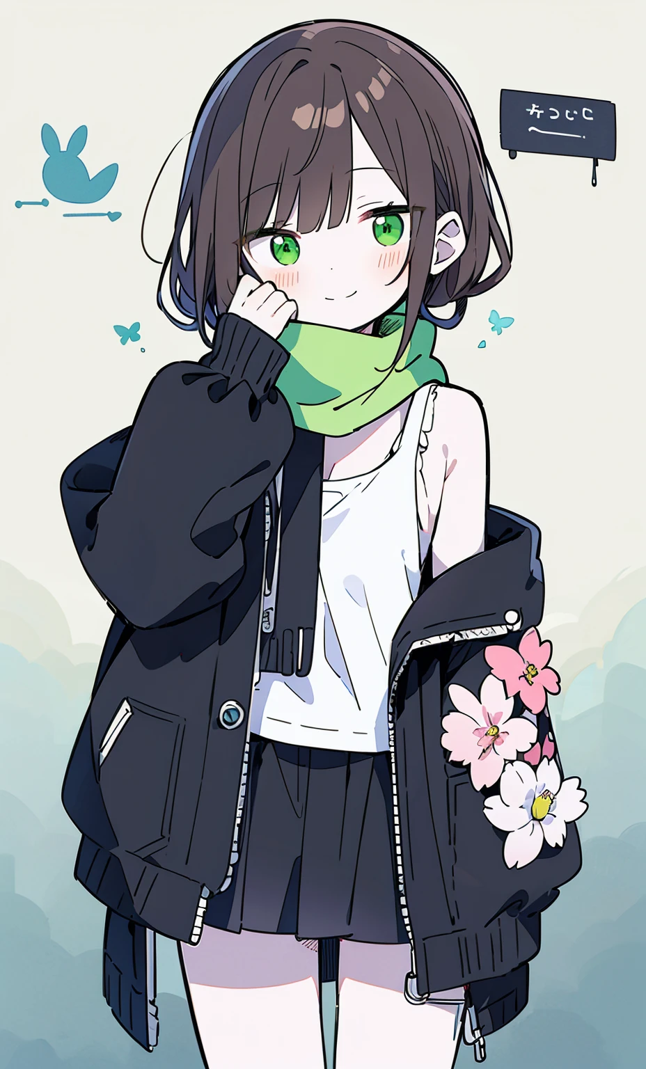 white skin, short man, green eyes, masterpiece, punk jacket, white shirt,, open shoulders, Open sleeve, light smile, flower, quiet, restrained, (concept art)，（Brown side ponytail），（scarf）