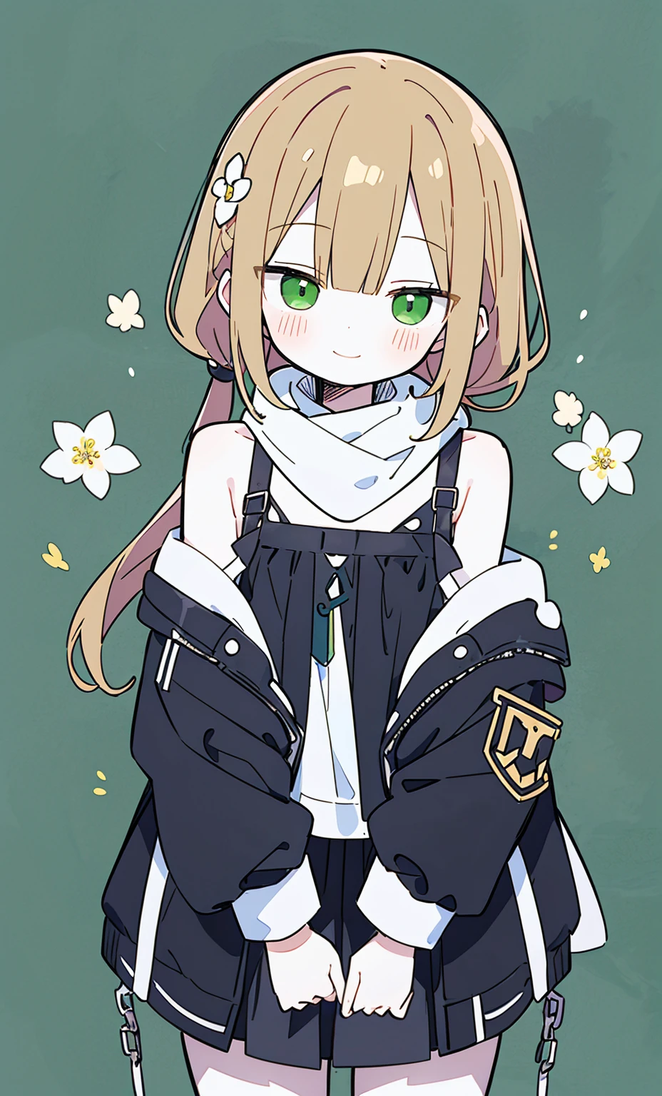 white skin, short man, green eyes, masterpiece, punk jacket, white shirt,, open shoulders, Open sleeve, light smile, flower, quiet, restrained, (concept art),(Brown side ponytail),(scarf)