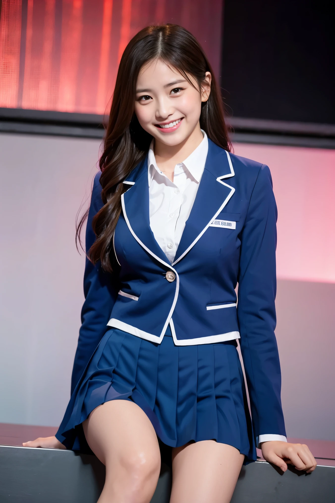 (8K), (highest quality: 1.2), (Realistic), (Realistic: 1.37), Ultra-high resolution, 1 girl, cute, (Embarrassed smile:1.2), (Blushing:1.4),Mouth closed, Beautiful details, Beautiful Nose, Wet Hair, giant dulcefo, pork, Thighs,Navel exposed,University Student Uniform,A simple blazer,Pleated skirt,Platform boots,Dancing on the school stage,(Shiny Thighs:1.2),Medium Shot