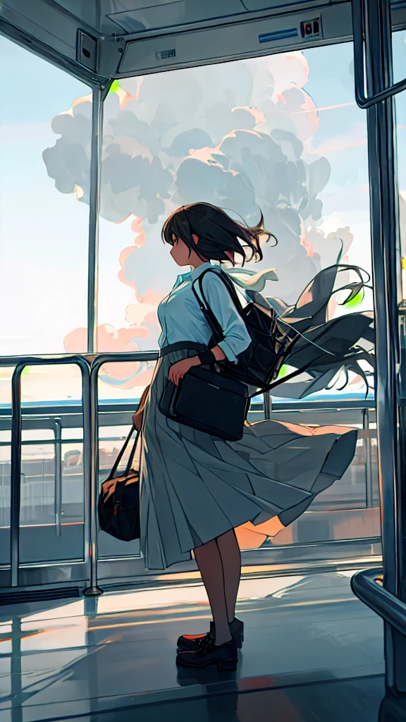 A woman on the observation car deck holds her skirt down to prevent it from being blown up by the wind