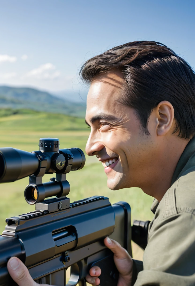 face of a man, smiling and looking into a gun sight, clear day and landscape of a graph behind