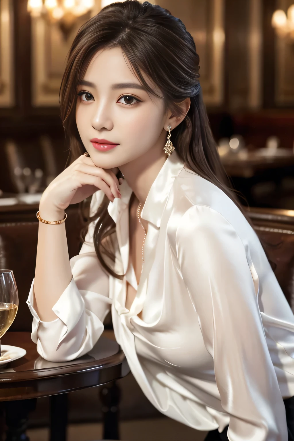 masterpiece, Highest quality, Realistic, Very detailed, Finer details, High resolution, 8k wallpaper, One beautiful woman, Wear an elegant white silk shirt, In a great restaurant, At night, Light brown messy hair, Perfect dynamic composition, Beautiful and beautiful eyes、Big earrings、Sit on a chair、