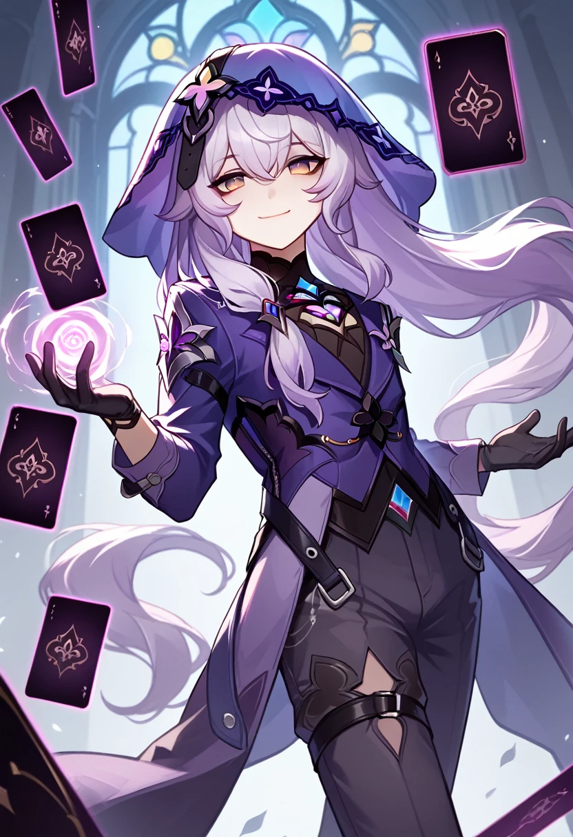 score_9, score_8_up, score_7_up source_cartoon, 1 boy, young boy, sexy boy, femboy, magic, magician, magic cards, cartoon effects, magic effects, league of legends art style, Black_Swan_\(Honkai:_Star_Rail_\).