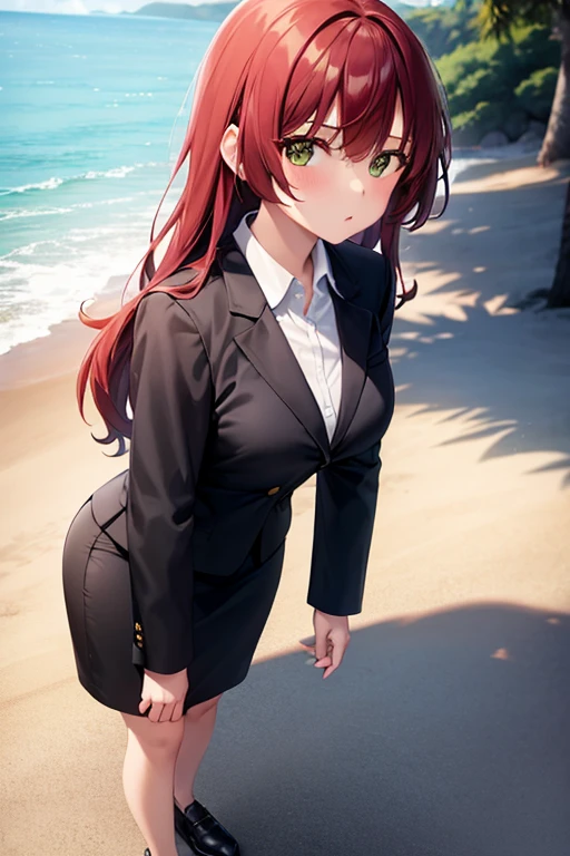 1girl, ikuyo kita, woman, beach background, beach, suit, office lady, black skirt, black blazer, pencil skirt, skirt suit, medium length skirt, white shirt, collared shirt, long hair, looking at viewer, full body