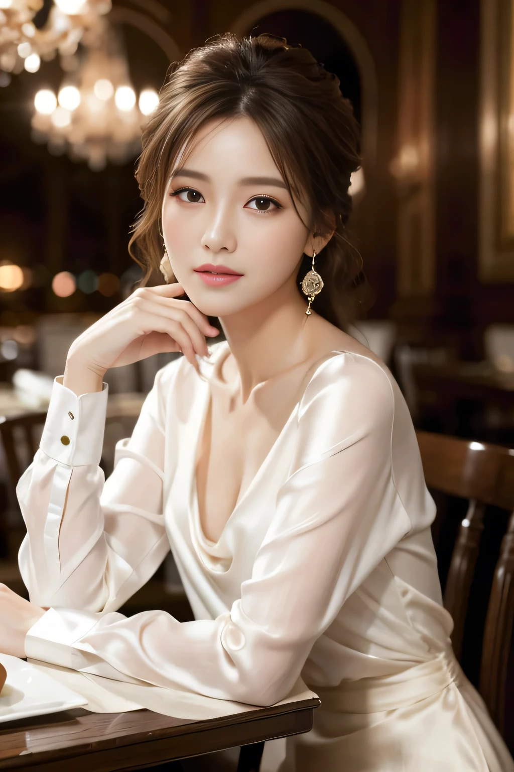 masterpiece, Highest quality, Realistic, Very detailed, Finer details, High resolution, 8k wallpaper, One beautiful woman, Wear an elegant white silk shirt, In a great restaurant, At night, Light brown messy hair, Perfect dynamic composition, Beautiful and beautiful eyes、Big earrings、Sit on a chair、