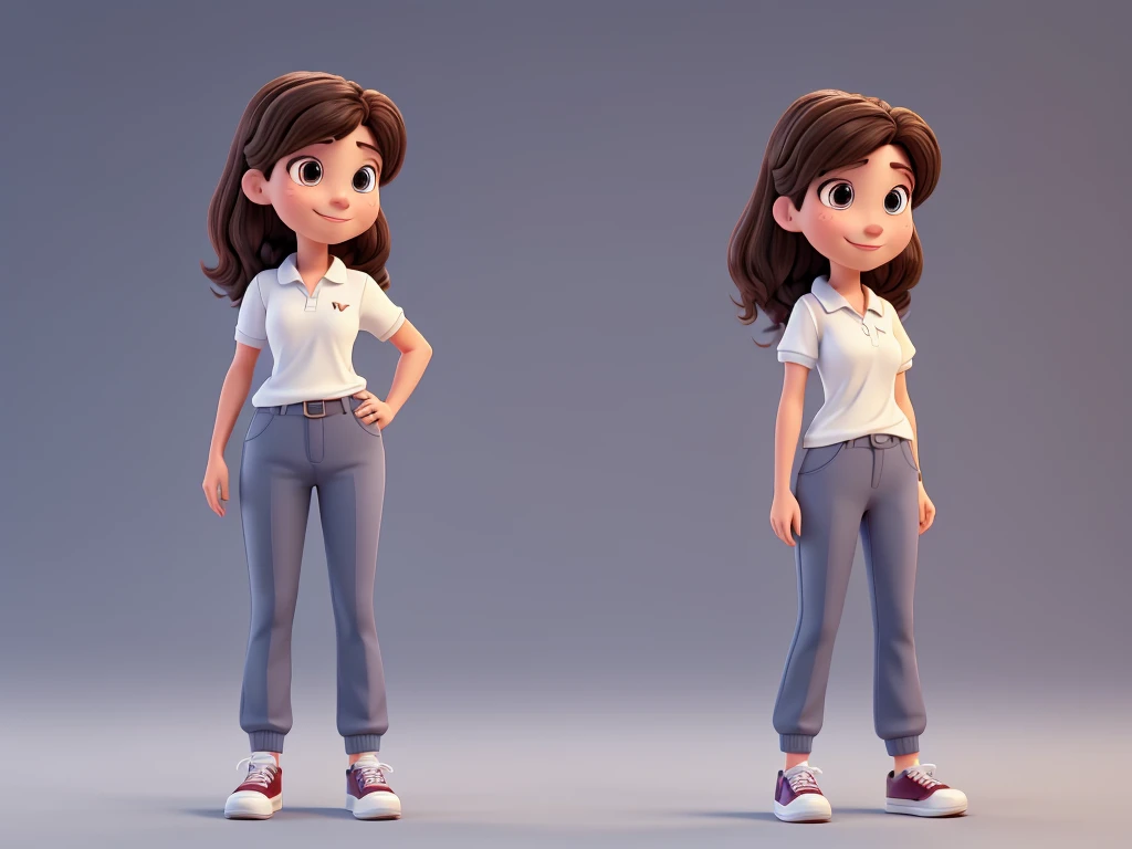 mature young woman in 3D Disney Pixar style, full body, with polo shirt, pants, sneakers, dark hair, dark brown eyes, from the front, smiling, friendly, high quality, highly sharp, white background, white image background