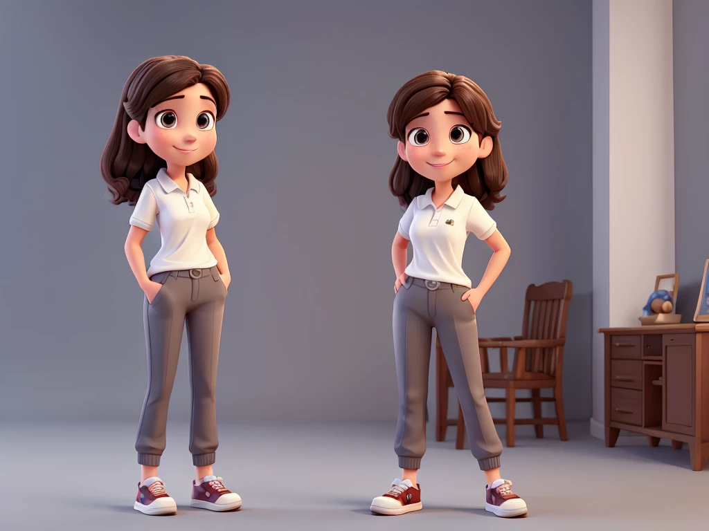 mature young woman in 3D Disney Pixar style, full body, with polo shirt, pants, sneakers, dark hair, dark brown eyes, from the front, smiling, friendly, high quality, highly sharp, white background, white image background