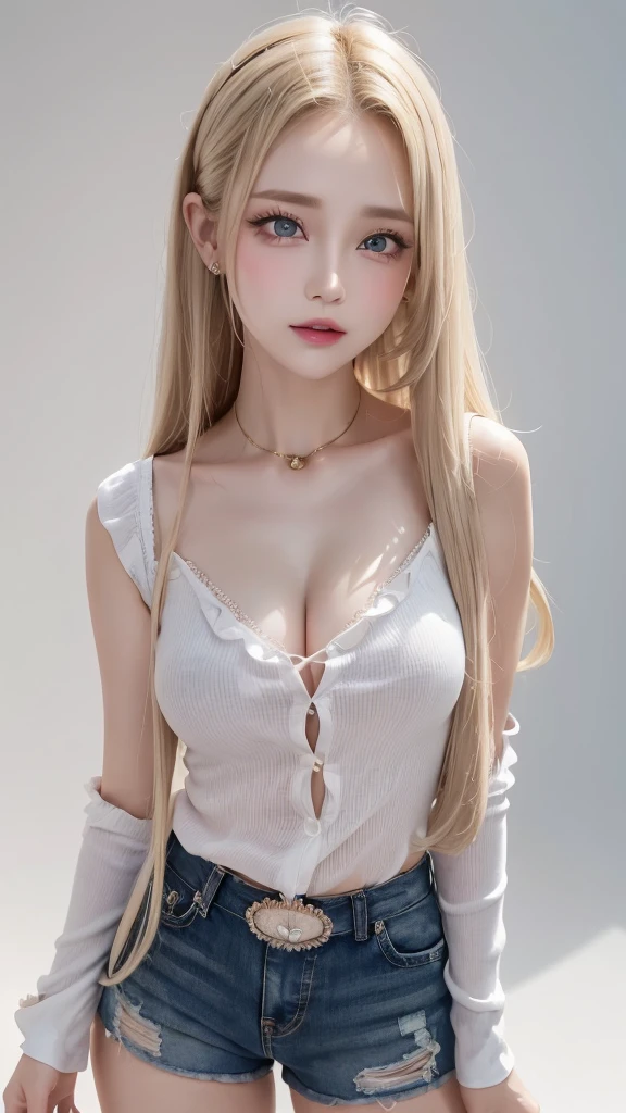 (((blouse、Shorts、White background、Cowboy Shot、forehead)))、forehead、Northern Europe、Russia、beautiful girl、Platinum Blonde Hair、Straight long hair、Big blue eyes、Northern Europeの若者、Glowing Skin、Young and beautiful skin、A perfect and beautiful little face、Bright makeup、Pale pink lips、Bright expression、lipstick、Golden Hour Lighting、Movie Light、Intricate details、High resolution、 Detailed features of the face design、