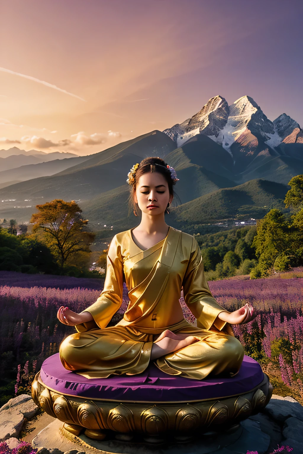 ((Best Quality)), (detailed), (Fancy), (Science fiction), 1 beautiful girl castanea, (ecstatic), buddhist, floating and meditating, surrounded by violet light, his eyes radiate golden light, mountains background with a temple, dusk moment (beauty)