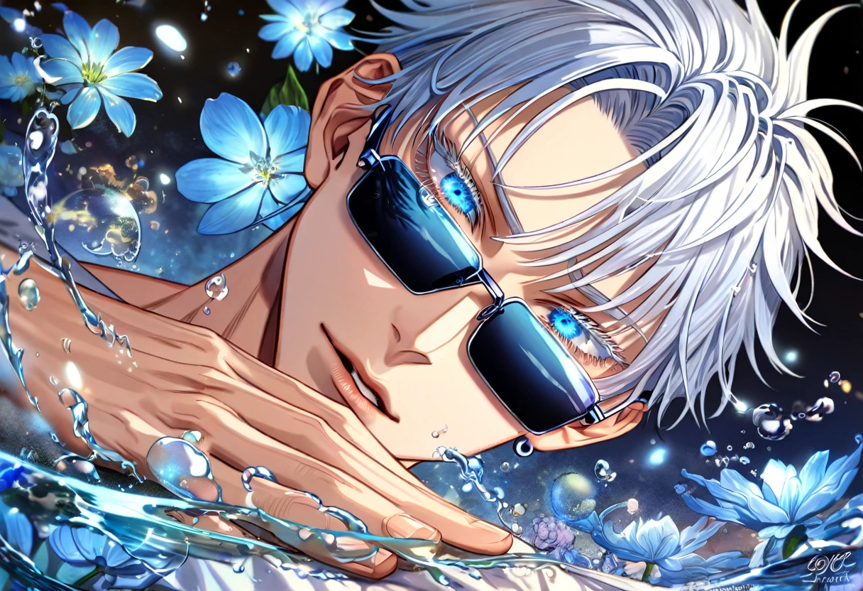 absurdres, highres, ultra detailed, HDR, master piece, Gojou Satoru, white hair with bangs, expressive blue eyes, white eyelashes, light blue dress shirt, black rectangular sunglasses, Jujutsu Kaisen, sexy man, handsome, best quality, blue moon, flowers, fantasy, magical, solo, water, blue shining fireflies, blue petals, handsome man