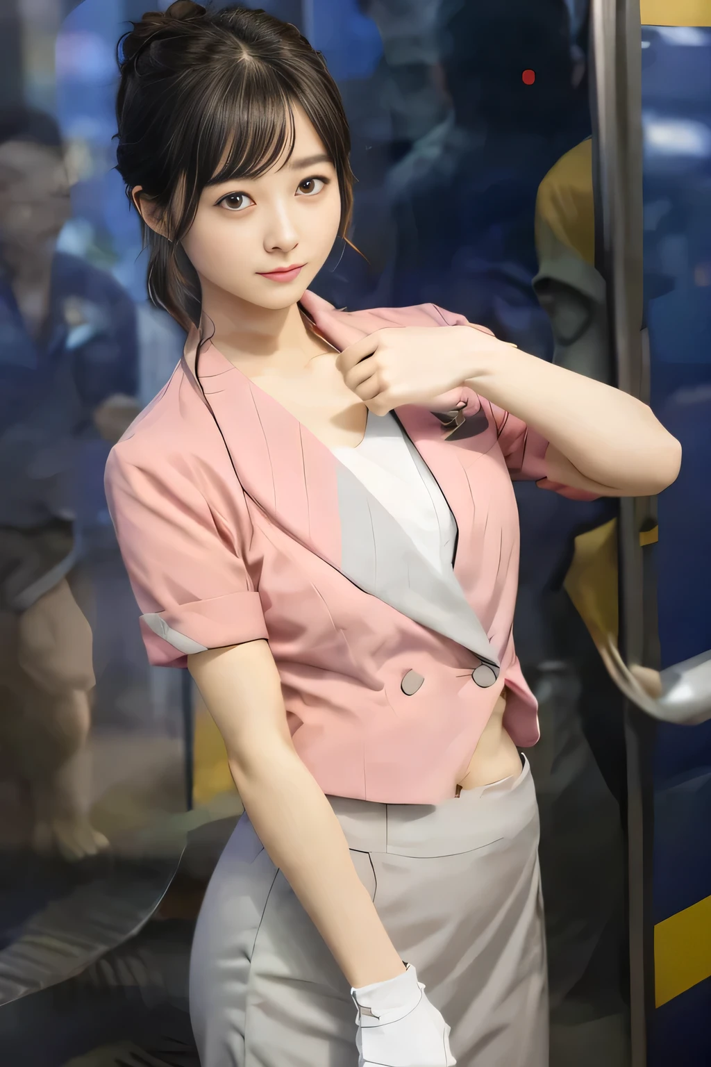 (masterpiece:1.2, Highest quality:1.2), 32k HDR, High resolution, (alone、1 Girl)、 (height: 160cm)、(On the roof of a building in the daytime、Professional Lighting)、Building rooftop background、(Nankai train crew uniform pinkを着たリアルスタイル)、(Nankai Railway crew uniform, pink, short sleeve, collarless, pink jacket、Nankai Railway crew uniform pink no-collar short-sleeve blouse、Nankai Railway crew uniform, pink grey, knee-length culottes)、(A pink jacket peeks out from under the culottes.)、Dark brown hair、(Hair tied up、Hair tied up、Evening curly hairstyles)、Dark brown hair、Long Shot、Big Breasts、Thin legs、((Great hands:2.0)),((Harmonious body proportions:1.5)),((Normal limbs:2.0)),((Normal finger:2.0)),((Delicate eyes:2.0)),((Normal eyes:2.0)))、smile、(Nankai Railway crew uniform, pink grey, knee-length culottesを見せた美しい歩く姿)、Place your hands around your stomach、Strap Employee ID Card