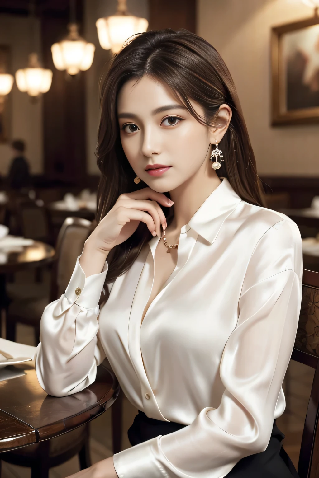 masterpiece, Highest quality, Realistic, Very detailed, Finer details, High resolution, 8k wallpaper, One beautiful woman, Wear an elegant white silk shirt, In a great restaurant, At night, Light brown messy hair, Perfect dynamic composition, Beautiful and beautiful eyes、Big earrings、Sit on a chair、