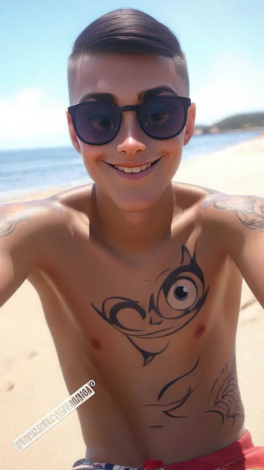 slim boy with tattoo big eyes white skin on a beach smiling