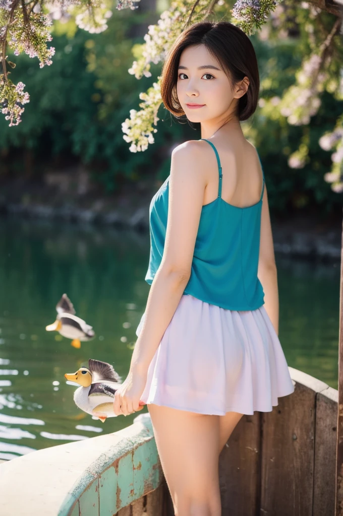 DUCKS FLYING IN THE BACKGROUND, RED AND LILAC FLOWERS, BOAT AT THE BOTTOM FISHING