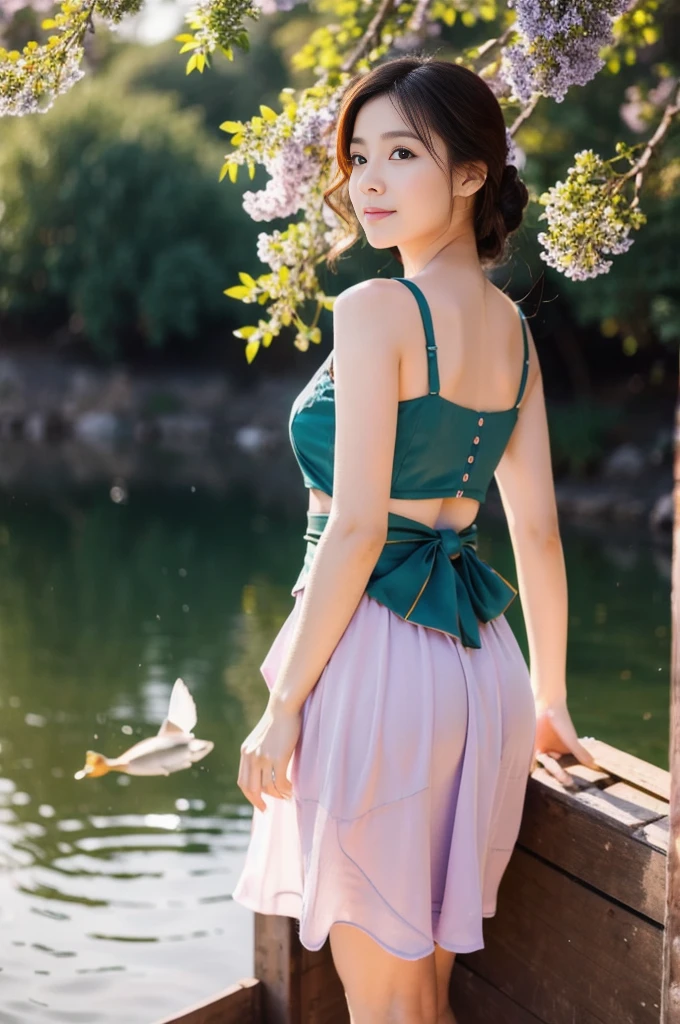  DUCKS FLYING IN THE BACKGROUND, RED AND LILAC FLOWERS, BOAT AT THE BOTTOM FISHING