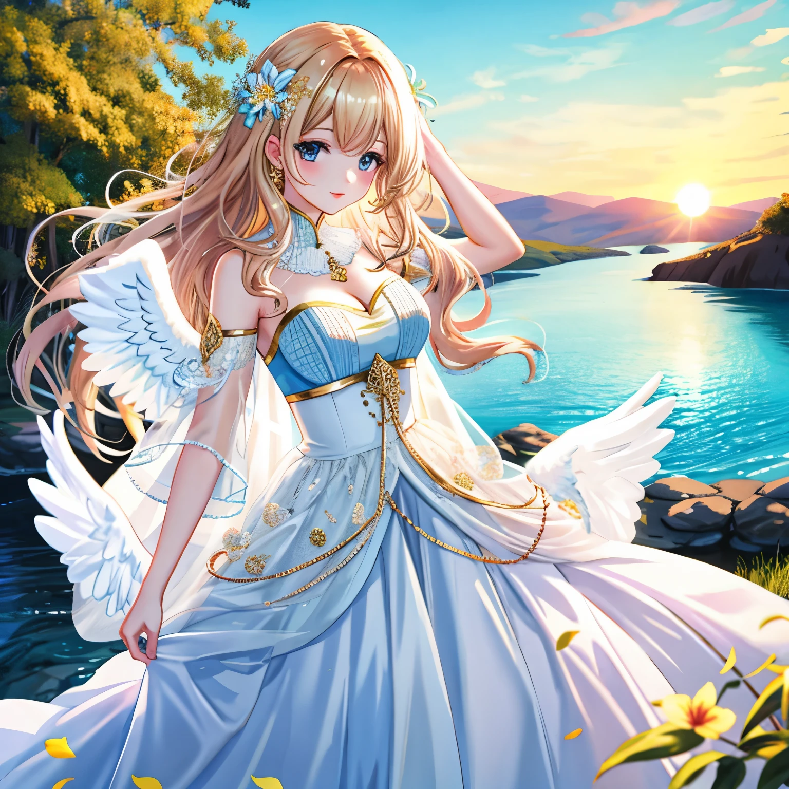 Illustration Enhancement: "masterpiece", "best quality", ***"ultra-detailed"***, ***"ultra high resolution"***, "Top Quality photorealistic Illustration", ***"ultra Definition"***, ***"cute illustration:1.3"***, ***"high Saturation:1.2"***, "detailed beautiful face and eyes", ***"extremely delicate and beautiful"***, "nice hands", "perfect hands", "appropriate posture", "appropriate configuration", "ideal ratio body proportions" BREAK
Theme: ***"Peace and Serenity"***, "Improvement of Living Standards", "Blessings and Protection for Prosperity" BREAK
Number of Characters: ***"ultra-ultimate beautiful"*** BREAK
Facial Details: "gentle smile", "peaceful gaze" BREAK
Details of Movement: "graceful pose", "gesture of welcoming with open hands" BREAK
Emotions and Expressions: "joy and tranquility" BREAK
Perspective: "gentle frontal gaze" BREAK
Composition: "central placement of the main character", "surrounded by elements of nature" BREAK
Background Details: "lush nature", "flowers", "blue sky and white clouds" BREAK
Costume Details: "flowing white dress", "golden embellishments" BREAK
Body Type: "cleavage", "curved waist", "feminine curves" BREAK
Wings, Horns, Tail: "white feathered wings", "golden halo" BREAK
Hair Style and Color: "long wavy golden hair" BREAK
Accessories: "olive branch as a symbol of peace" BREAK
Weapons: None BREAK
Light and Shadow: "soft light illuminating the character", "gentle shadows" BREAK
Color Scheme: "gold", "blue", "green", "light blue", "yellow", "silver", "deep red", "pink", "wine red", "dark brown", "light purple" BREAK
Illustration Size: "768×768" BREAK
Illustration Atmosphere: "warmth and kindness" BREAK
Additional Elements: "differentiating factors", "creative innovation", "unique visual elements", "cultural sensitivity", "environmental impact", "references to history and mythology", "allegorical elements", "technical constraints and possibilities", "interaction design", "sustainability", "legal constraints" BREAK
Worldview: "prosperit