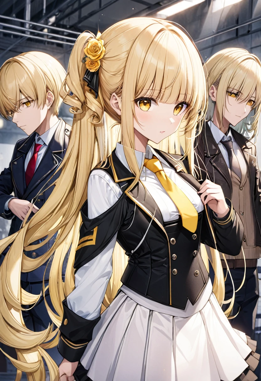 oriana rose, long hair, blonde hair, yellow eyes, drill hair, bangs, blunt bangs, skirt, jacket, necktie, white skirt, corset,
